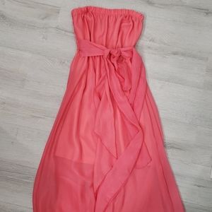 Chesley Medium Strapless Dress In a coral w/ Waist Tie And Chiffon Skirt [46]